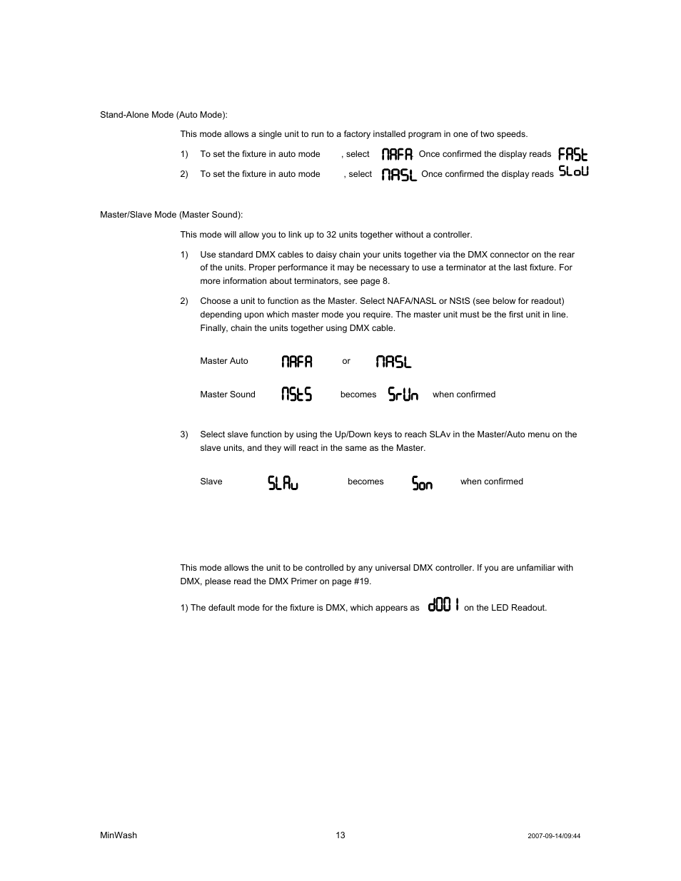Peration, Dmx mode, Operation | Chauvet MINWASH DMX512 User Manual | Page 13 / 21