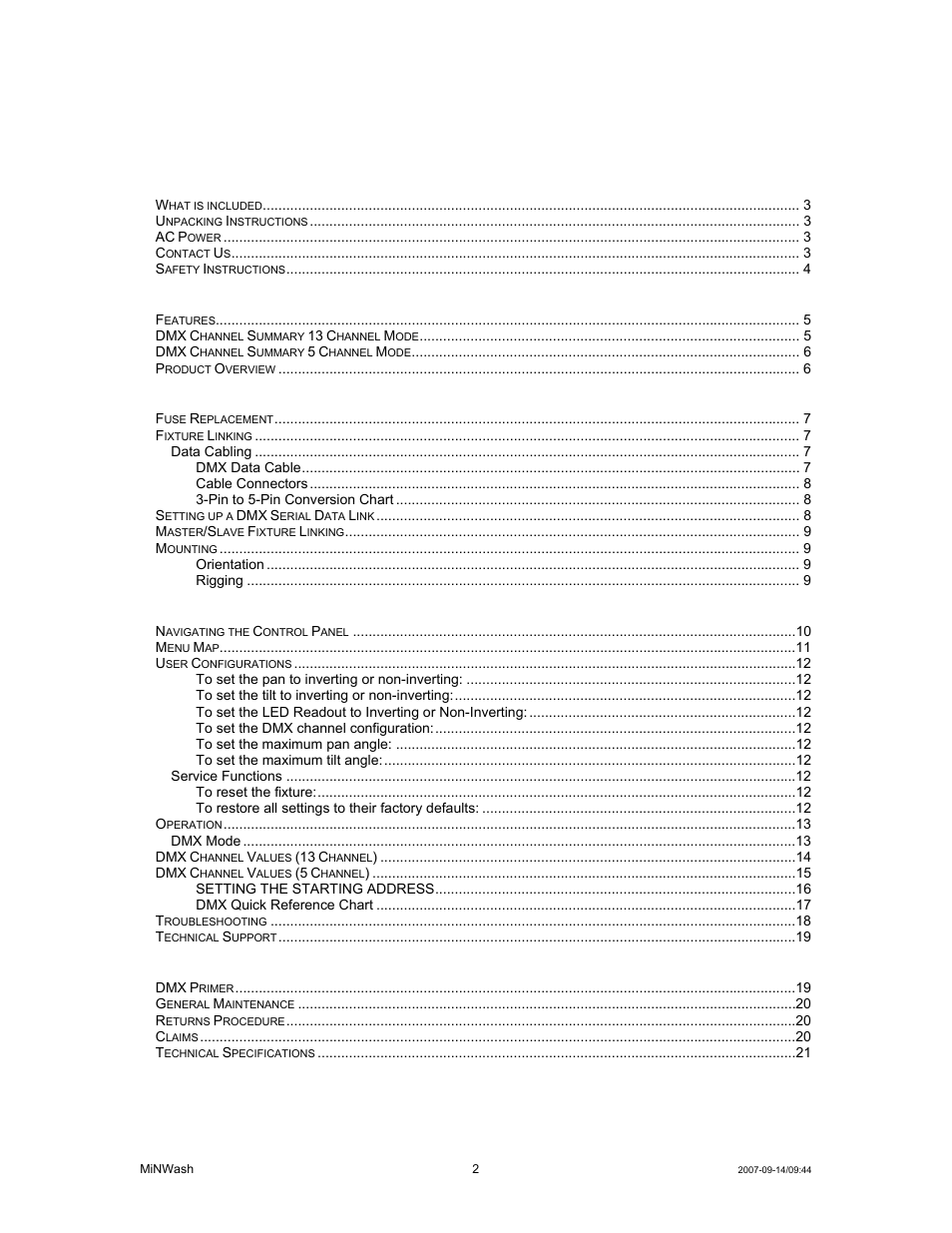 Able of, Ontents | Chauvet MINWASH DMX512 User Manual | Page 2 / 21