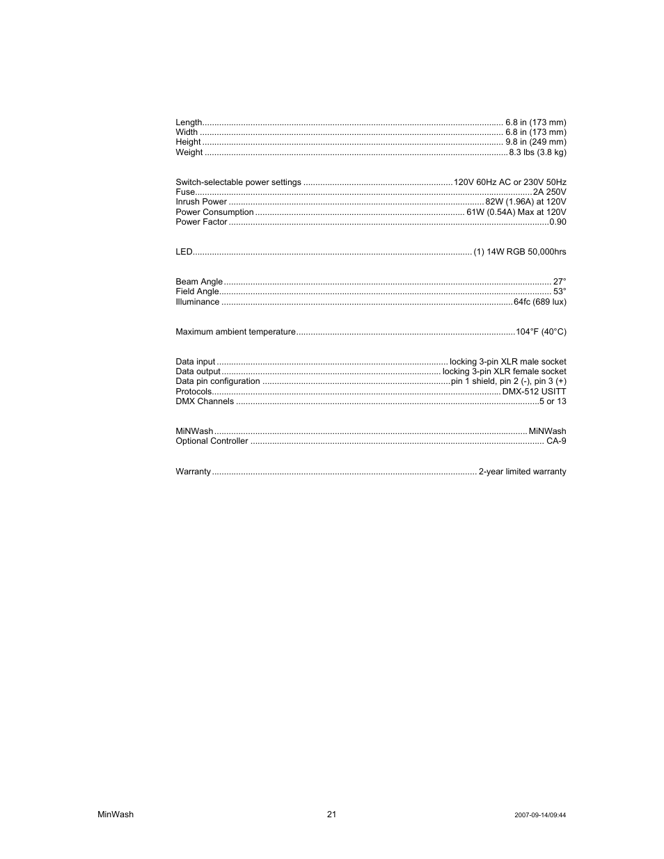 Echnical, Pecifications, Technical specifications | Chauvet MINWASH DMX512 User Manual | Page 21 / 21