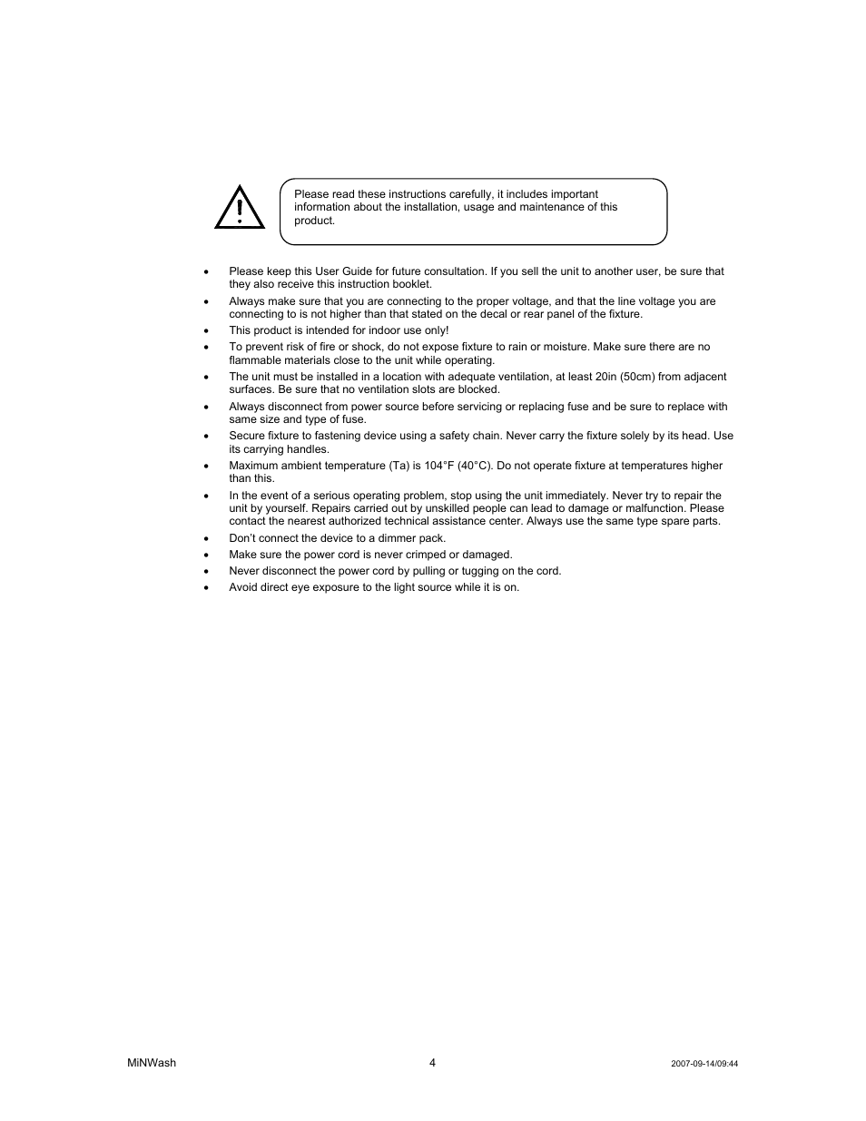 Afety, Nstructions, Safety instructions | Chauvet MINWASH DMX512 User Manual | Page 4 / 21