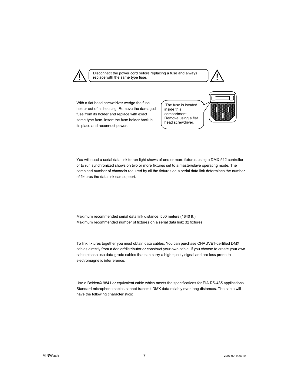 Setup, Eplacement, Ixture | Inking, Data cabling, Dmx data cable, Etup | Chauvet MINWASH DMX512 User Manual | Page 7 / 21