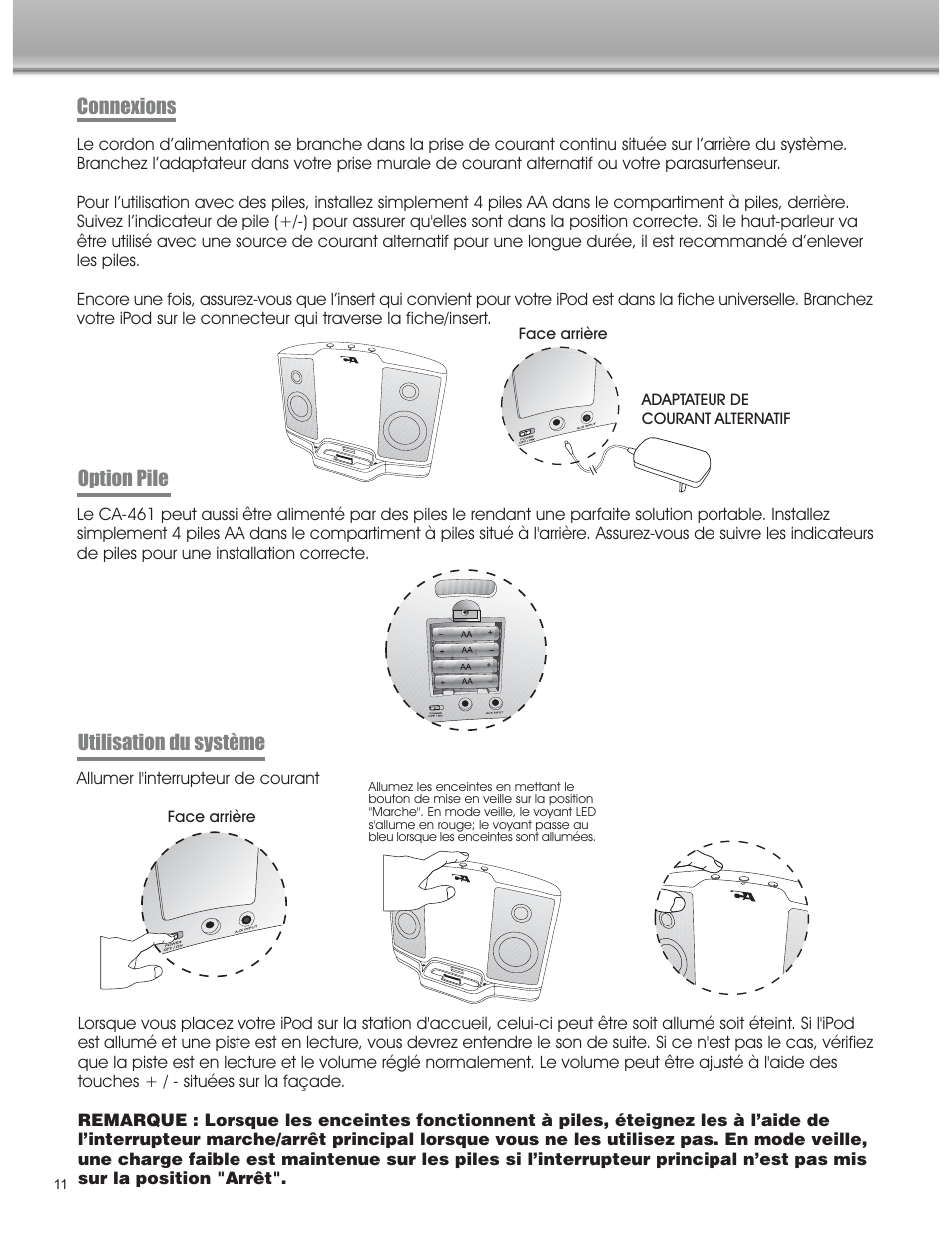 Utilisation du système connexions, Option pile | Cyber Acoustics CA-461 User Manual | Page 12 / 23