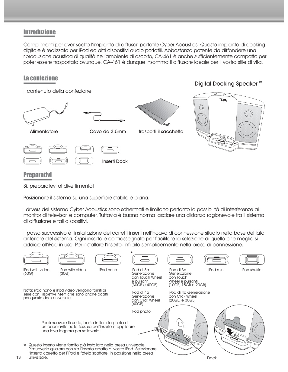 Introduzione la confezione preparativi, Digital docking speaker | Cyber Acoustics CA-461 User Manual | Page 14 / 23