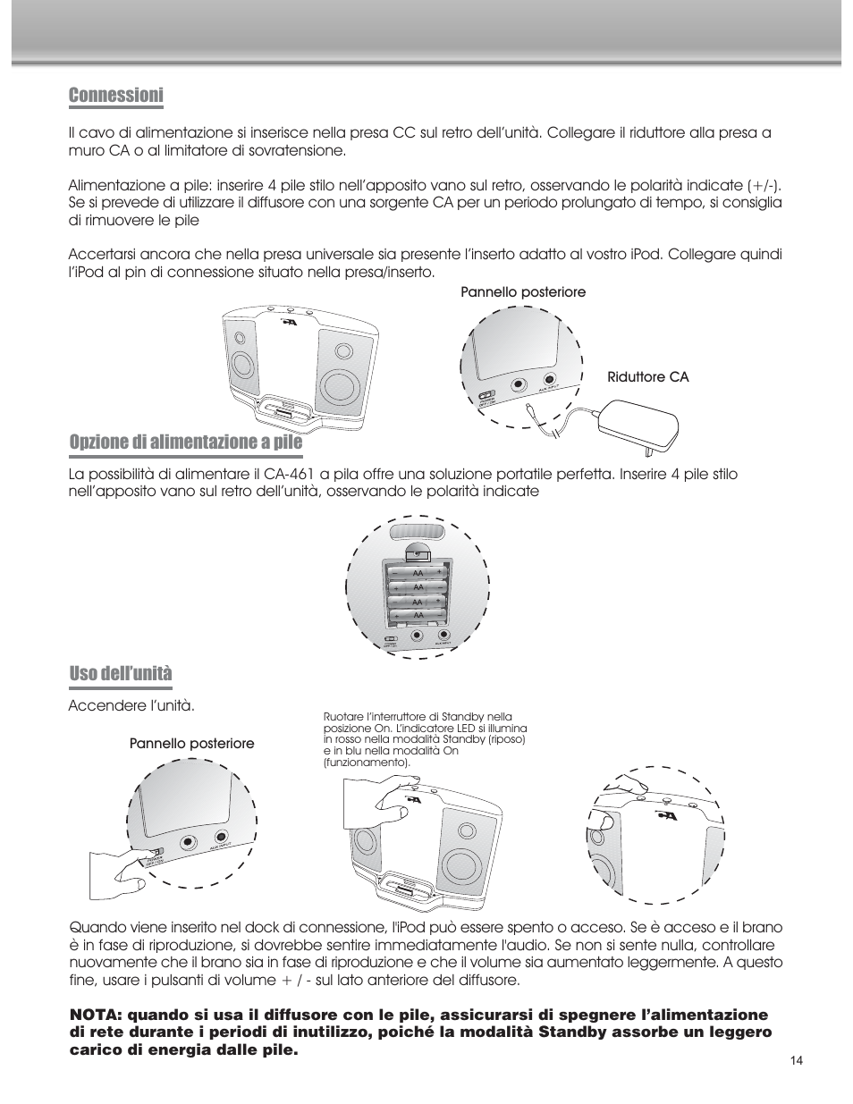 Uso dellunità connessioni, Opzione di alimentazione a pile | Cyber Acoustics CA-461 User Manual | Page 15 / 23