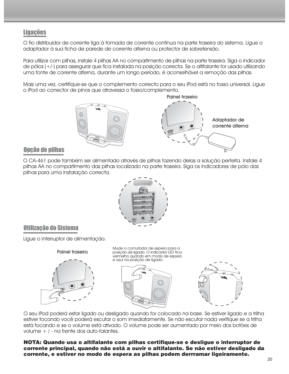 Utilização do sistema ligações, Opção de pilhas | Cyber Acoustics CA-461 User Manual | Page 21 / 23