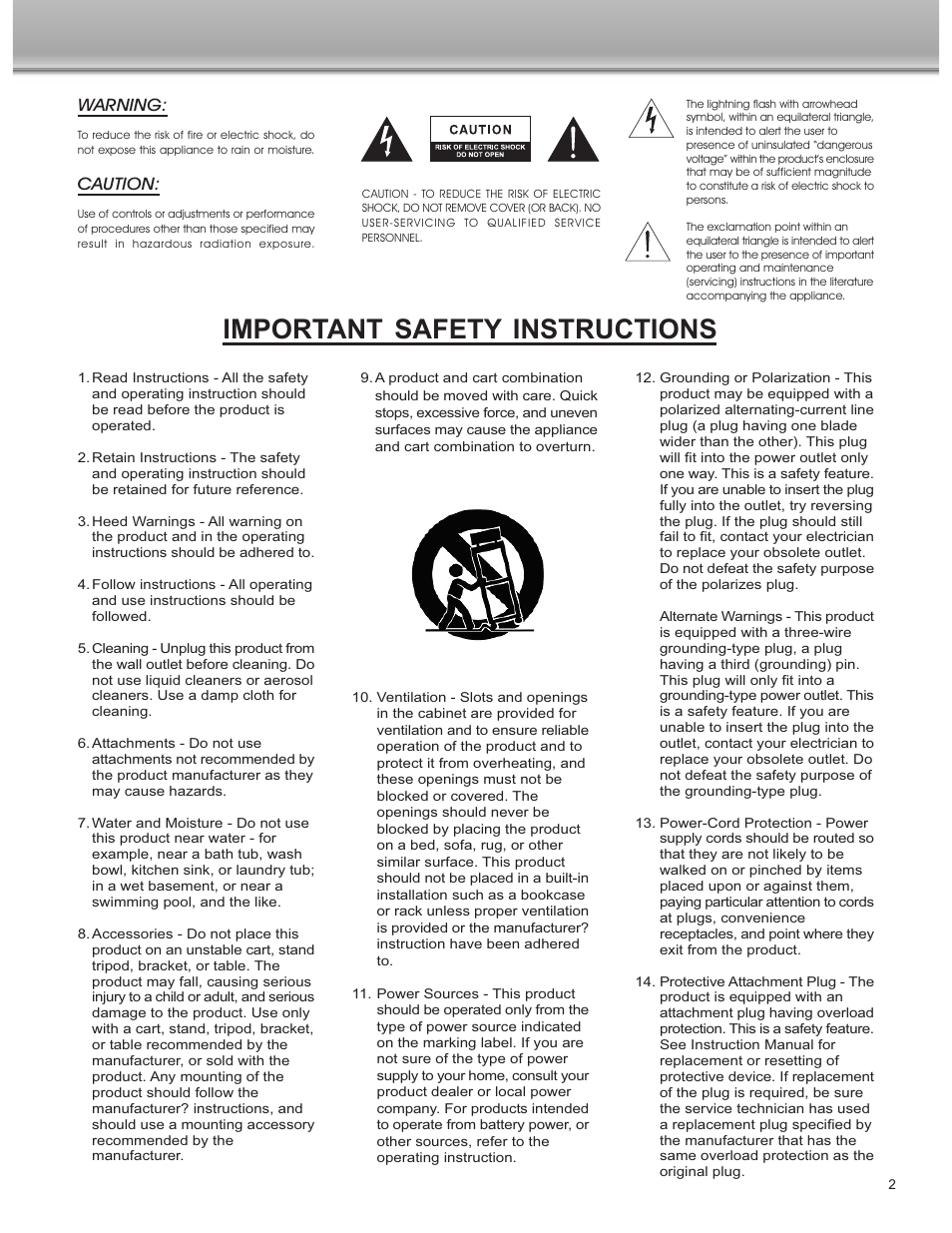 Important safety instructions, Warning, Caution | Cyber Acoustics CA-461 User Manual | Page 3 / 23