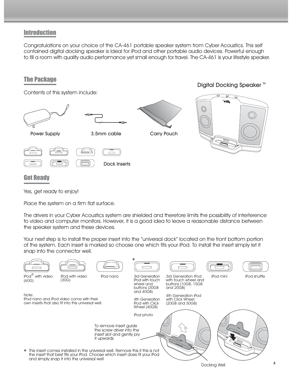 Introduction the package, Get ready, Digital docking speaker | Cyber Acoustics CA-461 User Manual | Page 5 / 23