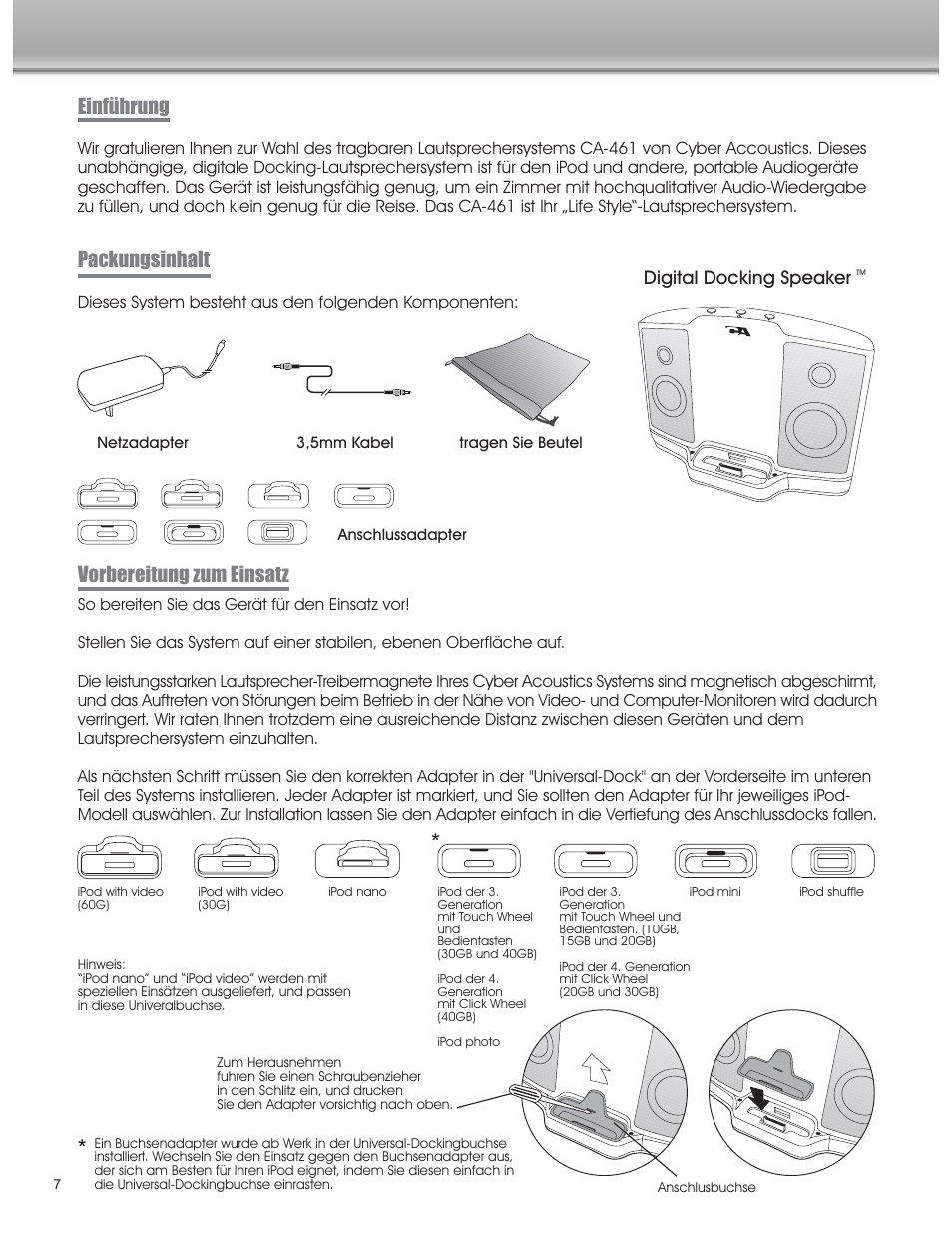 Einführung packungsinhalt vorbereitung zum einsatz, Digital docking speaker | Cyber Acoustics CA-461 User Manual | Page 8 / 23