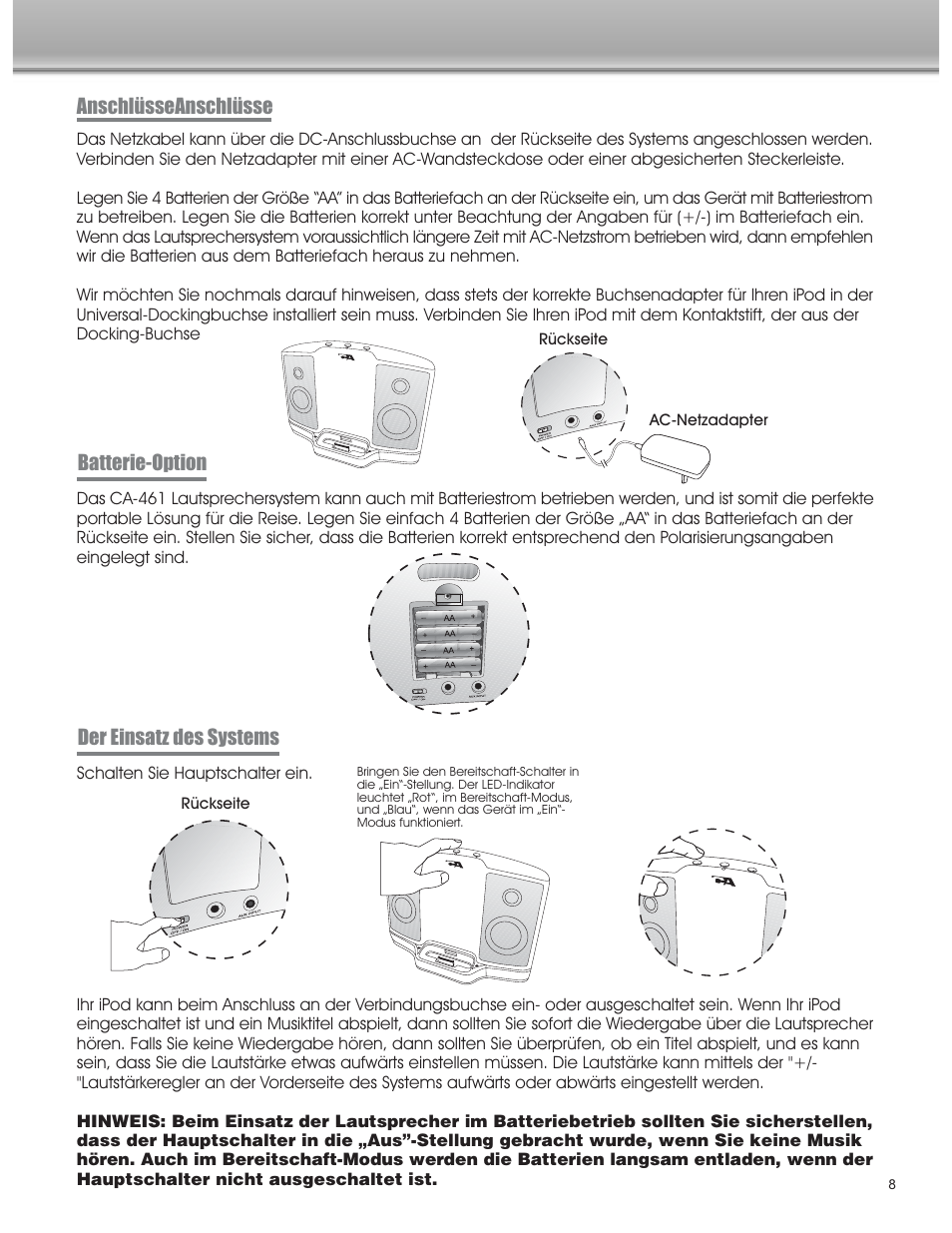 Der einsatz des systems anschlüsseanschlüsse, Batterie-option | Cyber Acoustics CA-461 User Manual | Page 9 / 23
