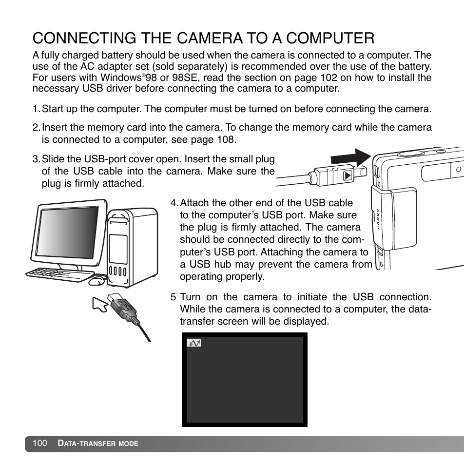 Connecting the camera to a computer | Konica Minolta DiMAGE Xg User Manual | Page 100 / 132