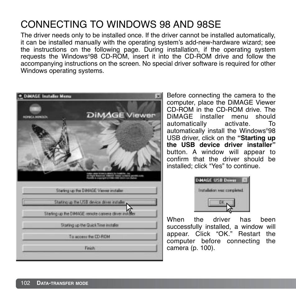 Connecting to windows 98 and 98se, Automatic installation | Konica Minolta DiMAGE Xg User Manual | Page 102 / 132