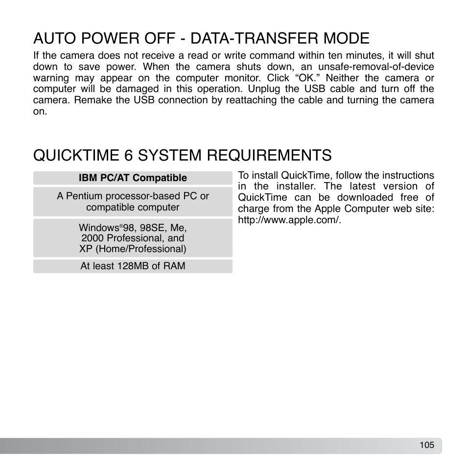Auto power off - data-transfer mode, Quicktime 6 system requirements | Konica Minolta DiMAGE Xg User Manual | Page 105 / 132