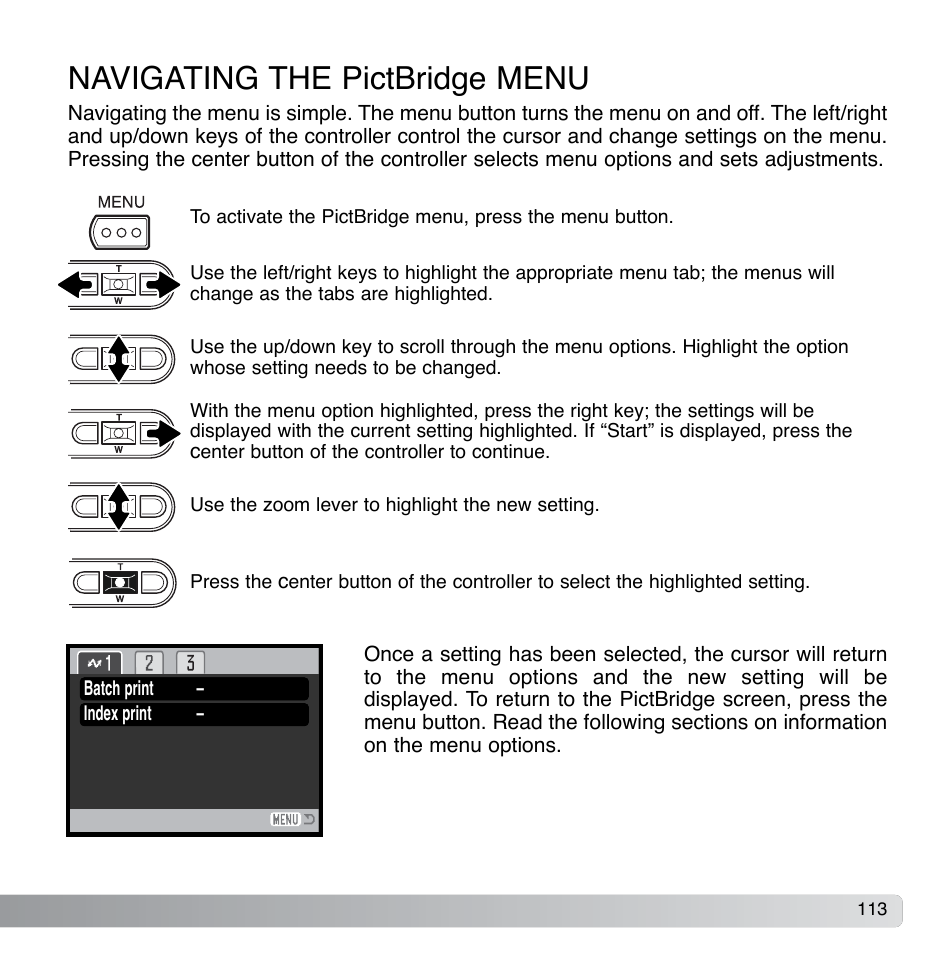 Navigating the pictbridge menu | Konica Minolta DiMAGE Xg User Manual | Page 113 / 132