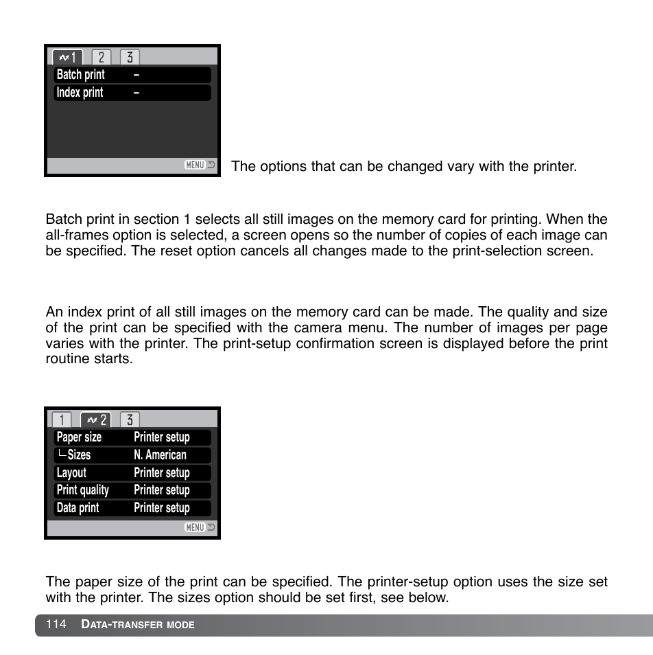 Batch print, Index print, Paper size | Konica Minolta DiMAGE Xg User Manual | Page 114 / 132