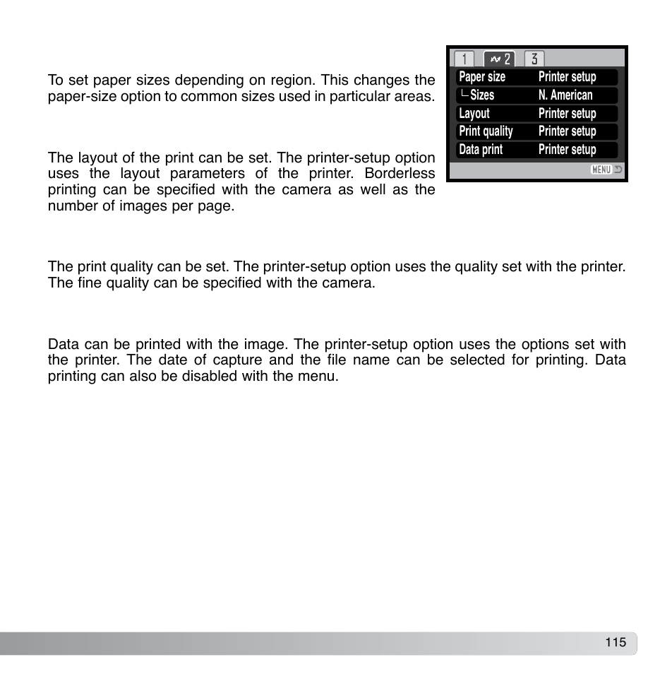 Sizes, Print quality, Data print | Layout | Konica Minolta DiMAGE Xg User Manual | Page 115 / 132