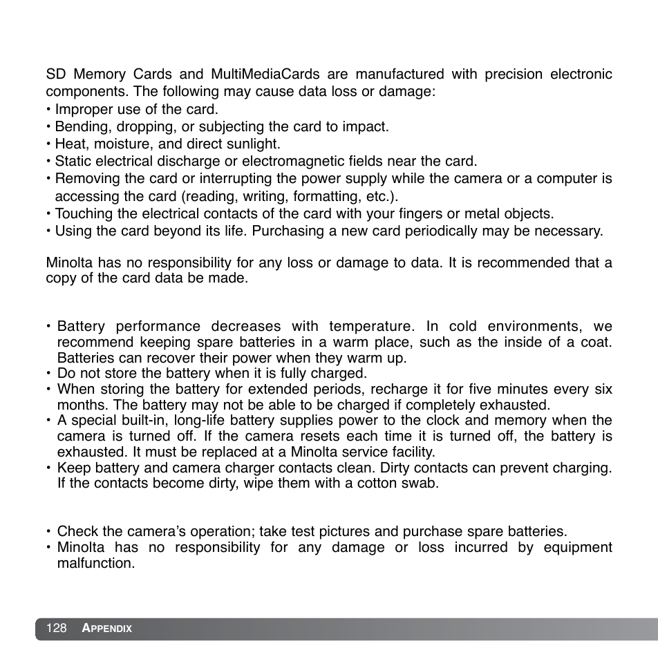 Batteries, Before important events and journeys | Konica Minolta DiMAGE Xg User Manual | Page 128 / 132