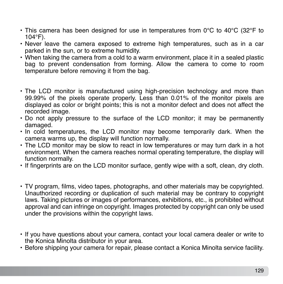 Operating temperatures and conditions, Lcd monitor care, Copyright | Questions and service | Konica Minolta DiMAGE Xg User Manual | Page 129 / 132