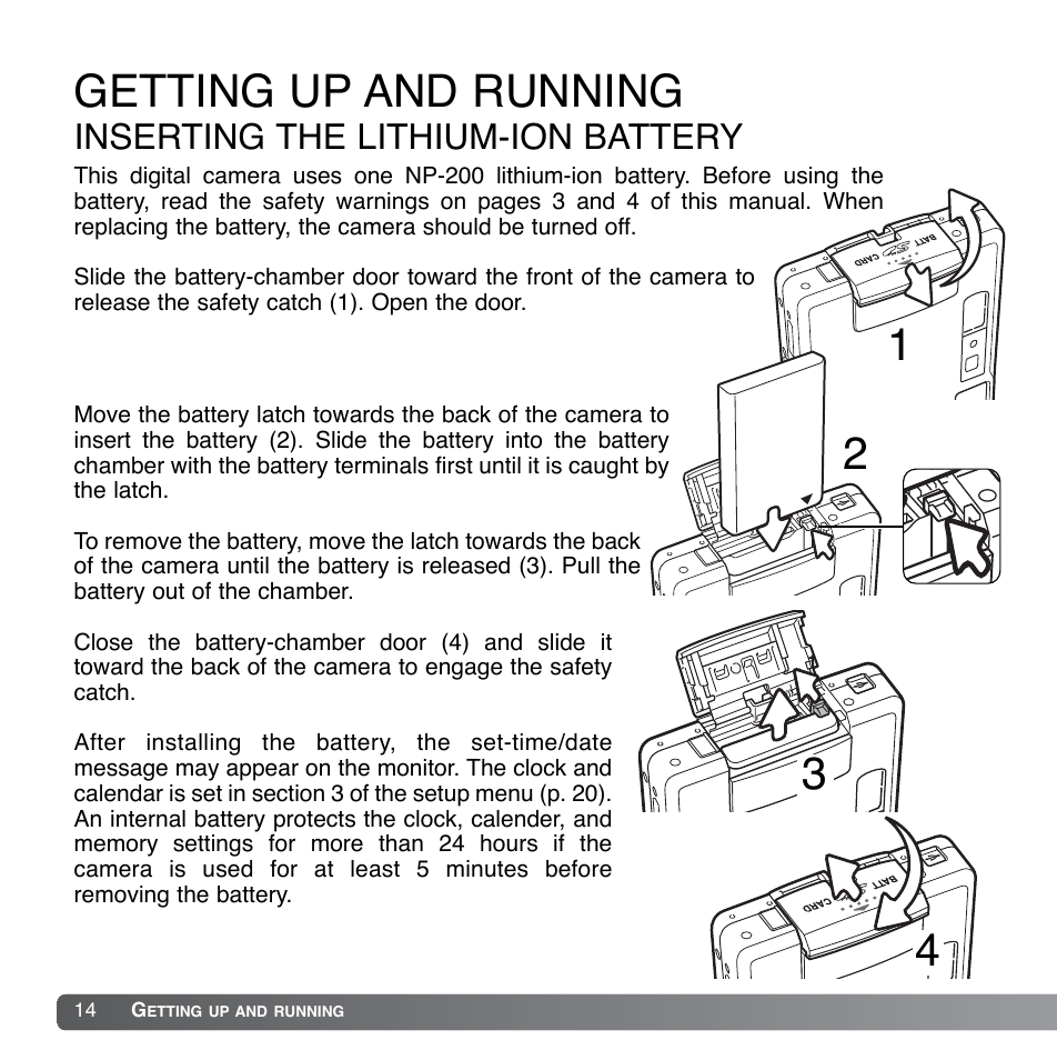 Getting up and running, Inserting the lithium-ion battery | Konica Minolta DiMAGE Xg User Manual | Page 14 / 132