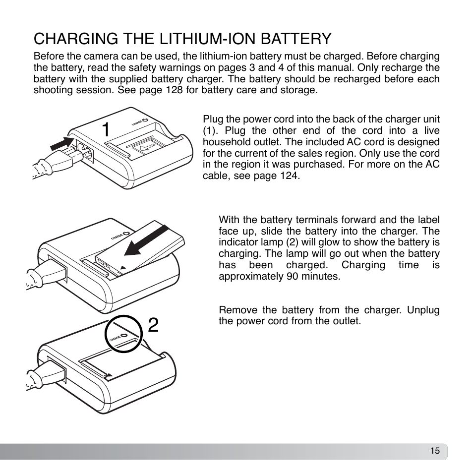 Charging the lithium-ion battery | Konica Minolta DiMAGE Xg User Manual | Page 15 / 132