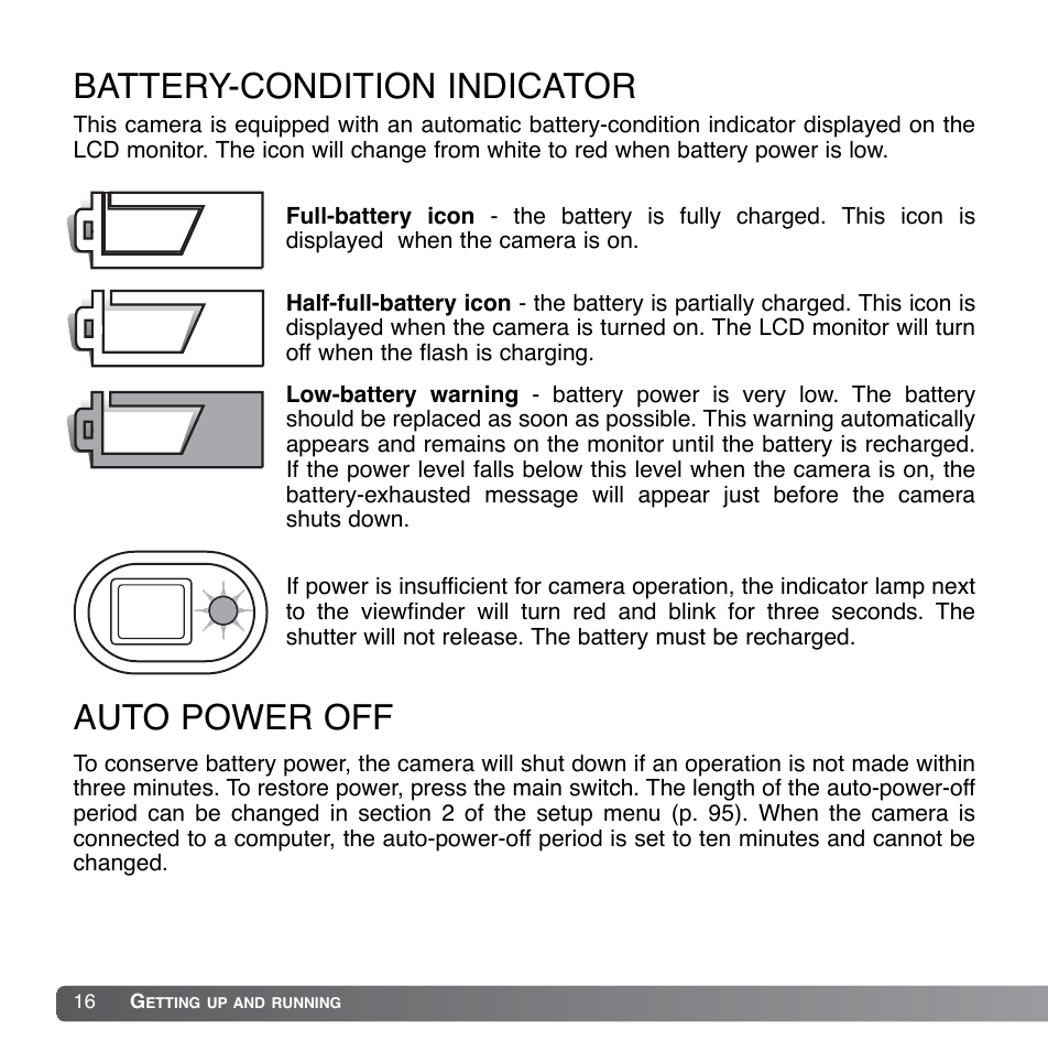 Battery-condition indicator, Auto power off | Konica Minolta DiMAGE Xg User Manual | Page 16 / 132