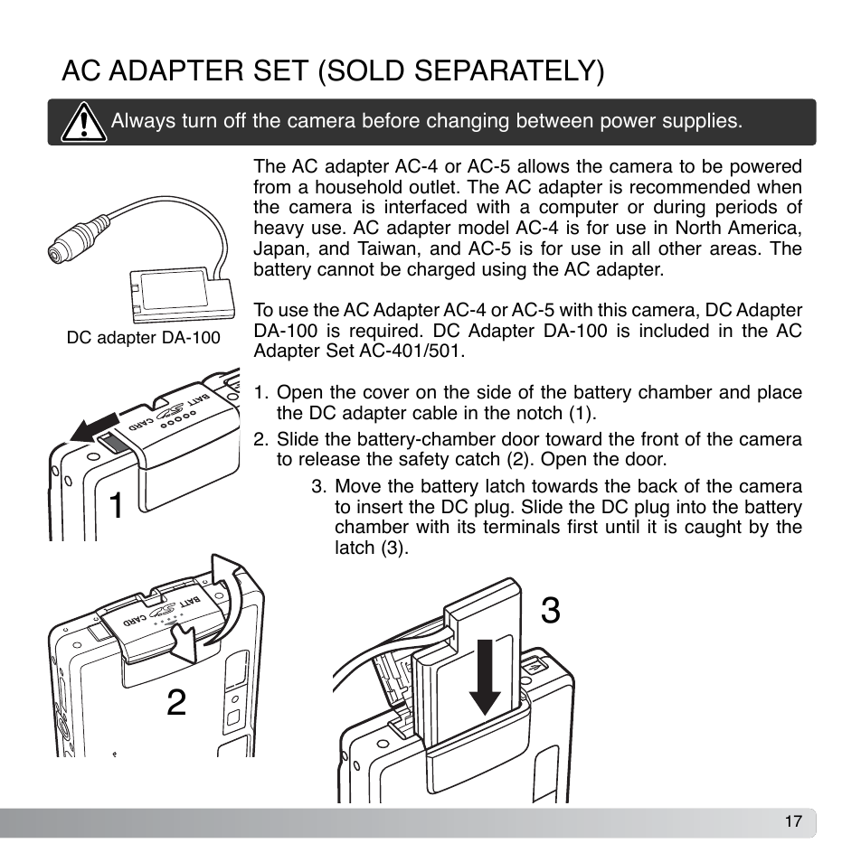 Ac adapter set (sold separately) | Konica Minolta DiMAGE Xg User Manual | Page 17 / 132