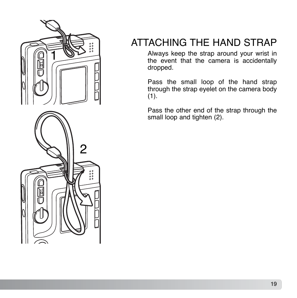 Attaching the hand strap | Konica Minolta DiMAGE Xg User Manual | Page 19 / 132