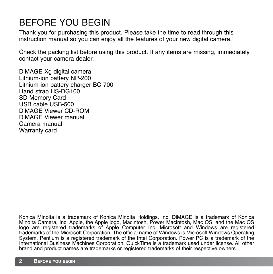Before you begin | Konica Minolta DiMAGE Xg User Manual | Page 2 / 132