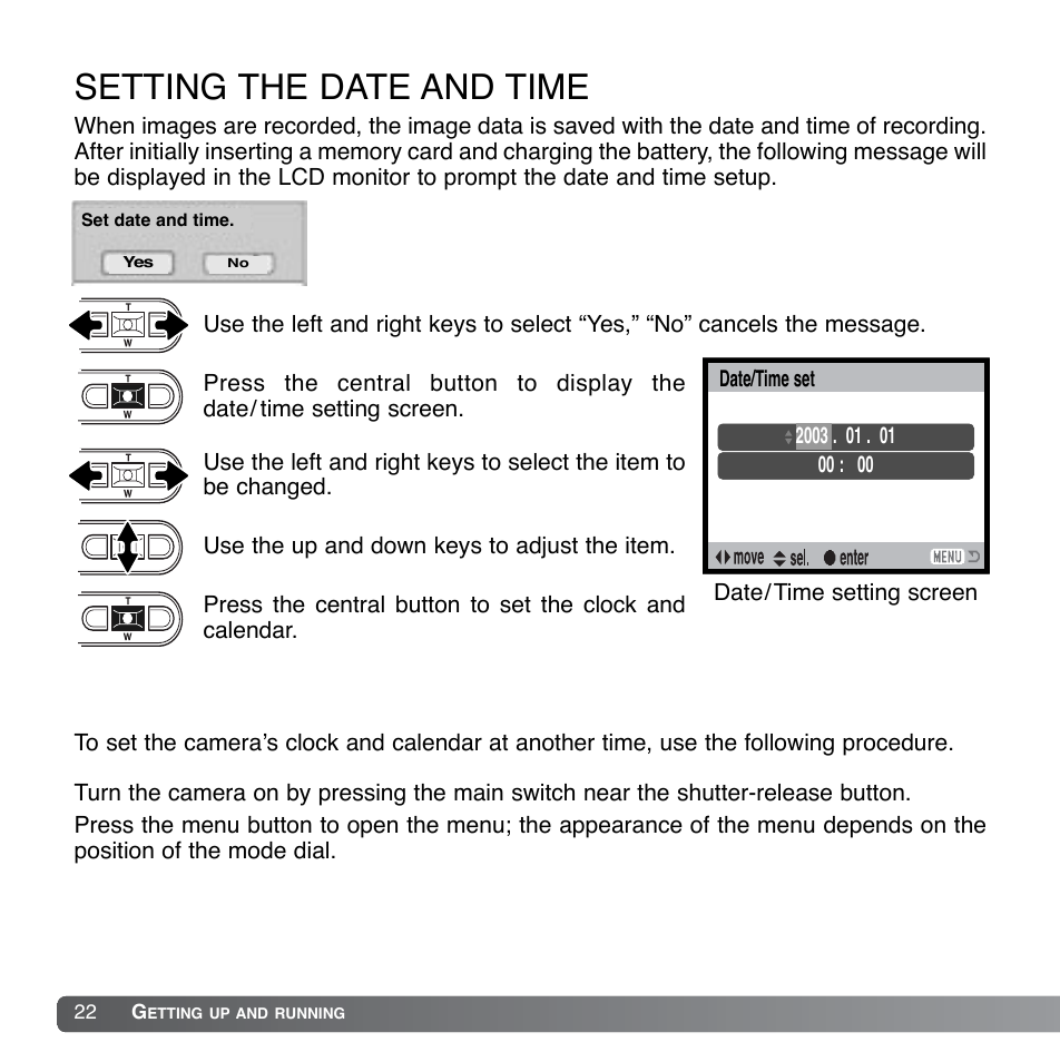 Setting the date and time | Konica Minolta DiMAGE Xg User Manual | Page 22 / 132