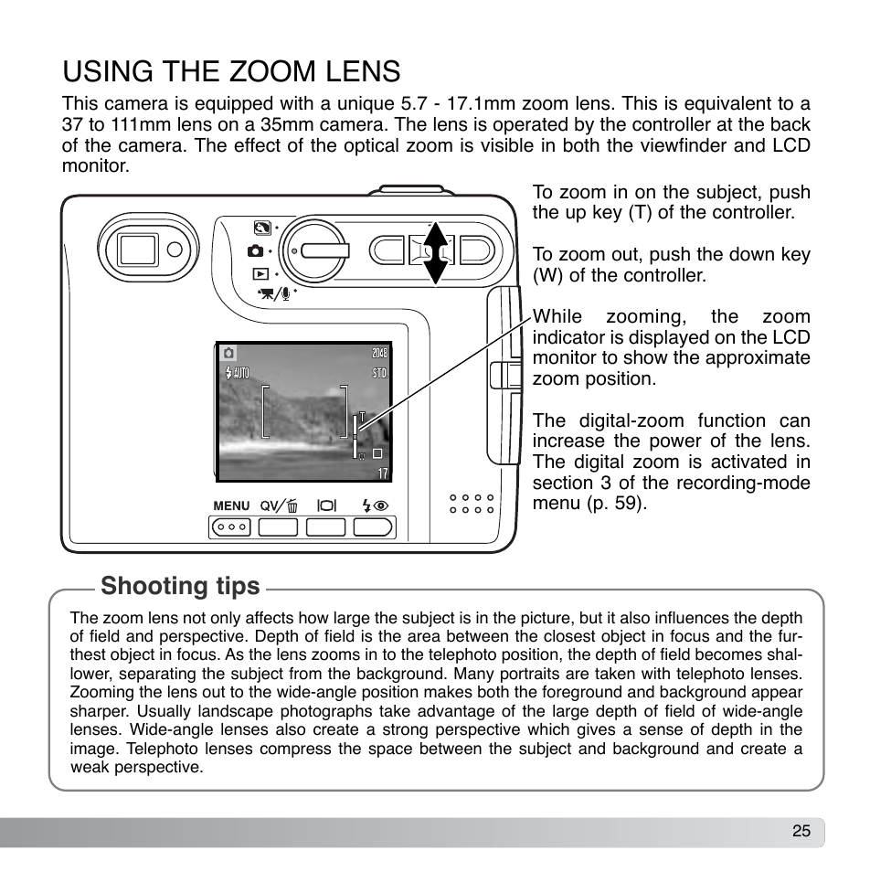 Using the zoom lens, Shooting tips | Konica Minolta DiMAGE Xg User Manual | Page 25 / 132