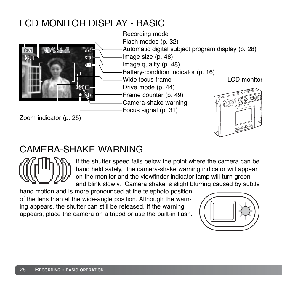 Lcd monitor display - basic, Camera-shake warning | Konica Minolta DiMAGE Xg User Manual | Page 26 / 132