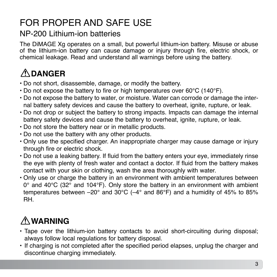 For proper and safe use, Np-200 lithium-ion batteries, Danger | Warning | Konica Minolta DiMAGE Xg User Manual | Page 3 / 132