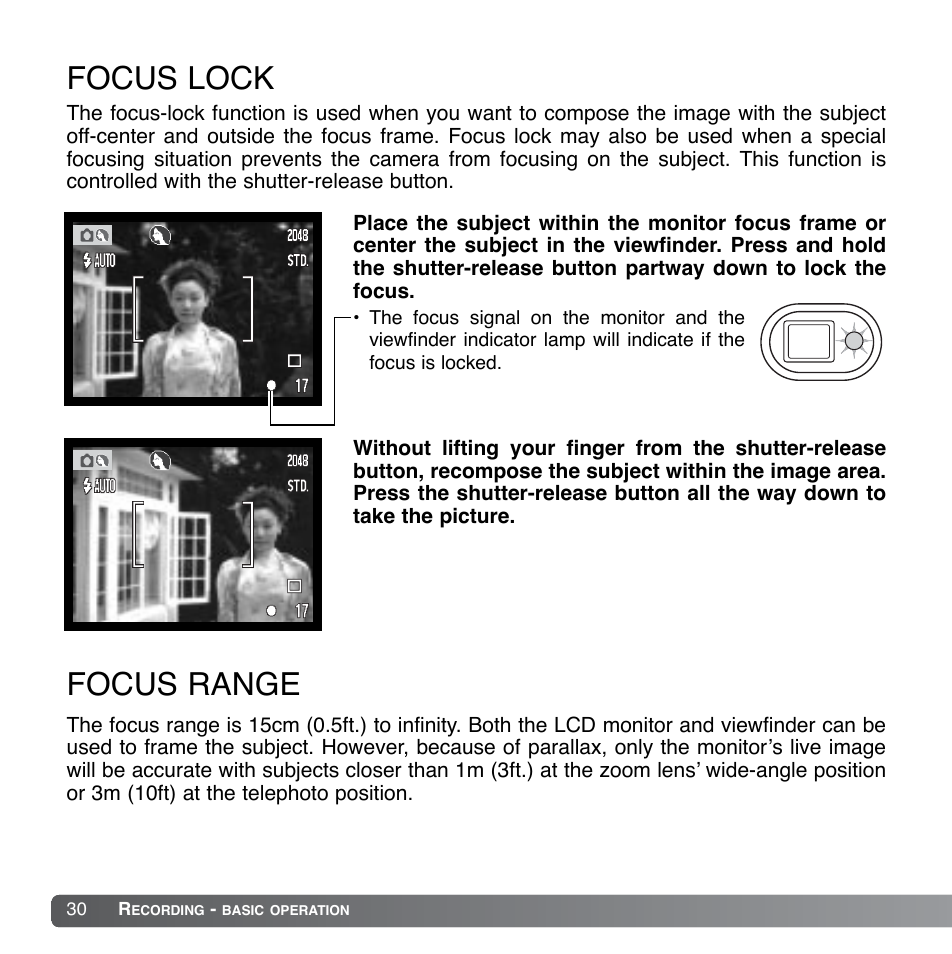 Focus lock, Focus range | Konica Minolta DiMAGE Xg User Manual | Page 30 / 132