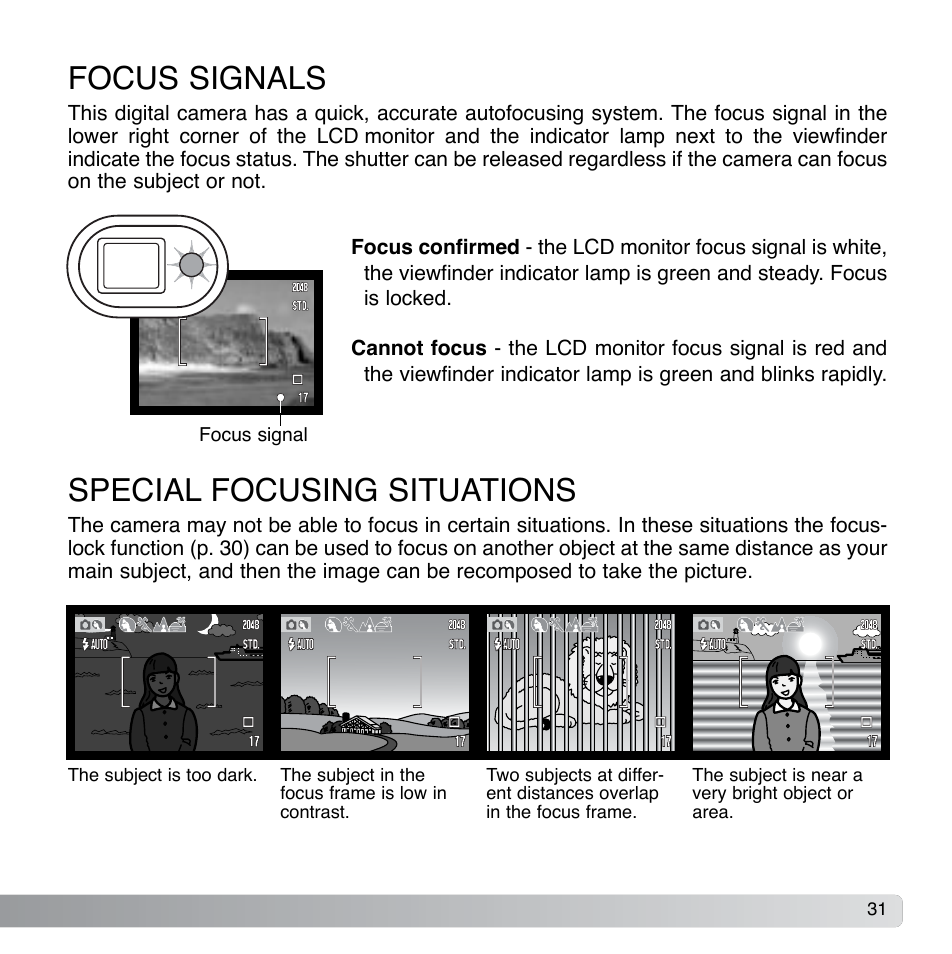 Focus signals special focusing situations | Konica Minolta DiMAGE Xg User Manual | Page 31 / 132