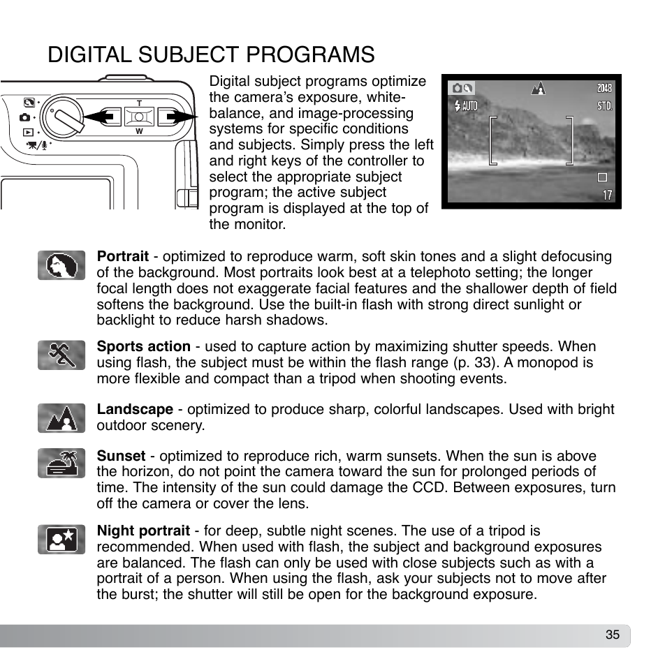 Digital subject programs | Konica Minolta DiMAGE Xg User Manual | Page 35 / 132
