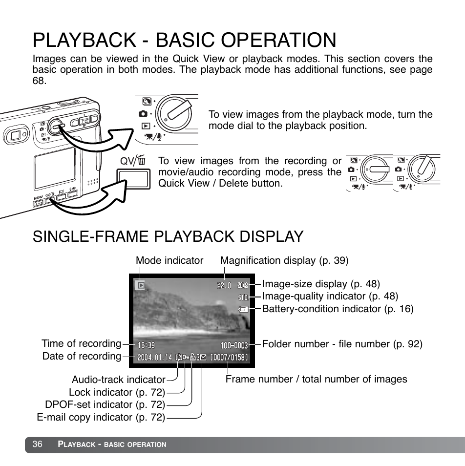 Playback - basic operation, Single-frame playback display | Konica Minolta DiMAGE Xg User Manual | Page 36 / 132