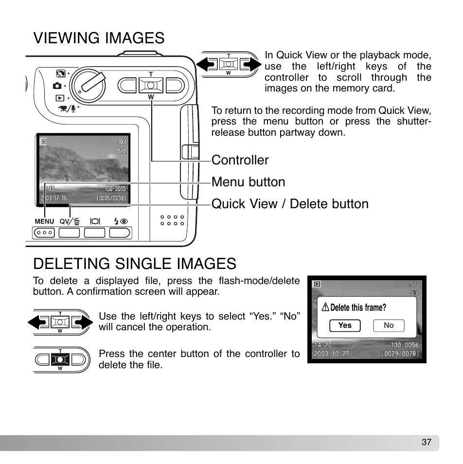 Deleting single images viewing images, Controller quick view / delete button menu button | Konica Minolta DiMAGE Xg User Manual | Page 37 / 132