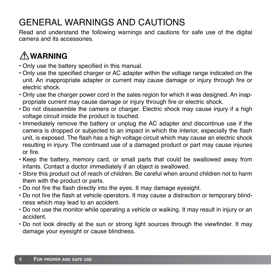 General warnings and cautions, Warning | Konica Minolta DiMAGE Xg User Manual | Page 4 / 132