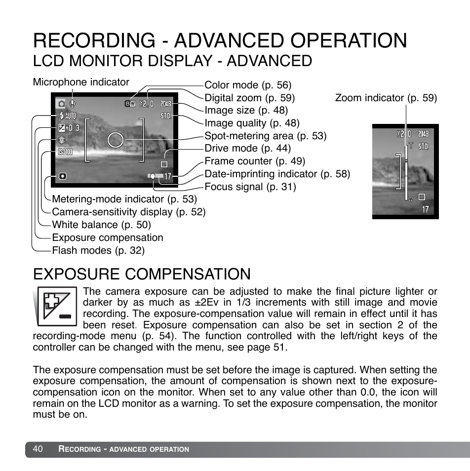 Recording - advanced operation, Lcd monitor display - advanced, Exposure compensation | Konica Minolta DiMAGE Xg User Manual | Page 40 / 132