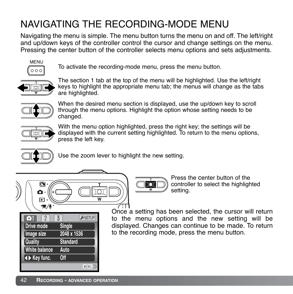 Navigating the recording-mode menu | Konica Minolta DiMAGE Xg User Manual | Page 42 / 132