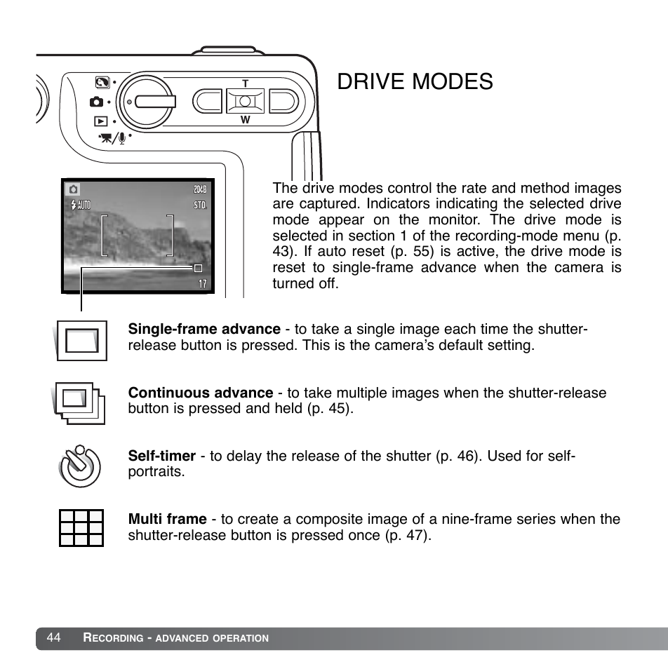 Drive modes | Konica Minolta DiMAGE Xg User Manual | Page 44 / 132