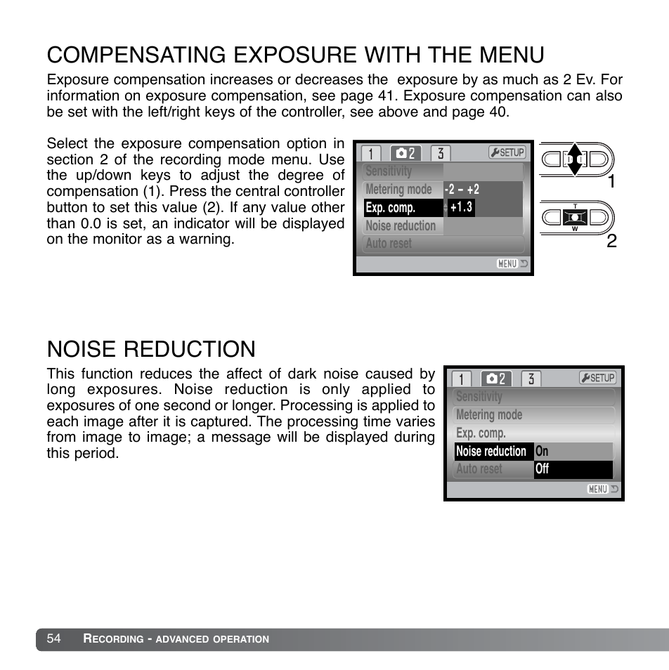 Noise reduction, Compensating exposure with the menu | Konica Minolta DiMAGE Xg User Manual | Page 54 / 132