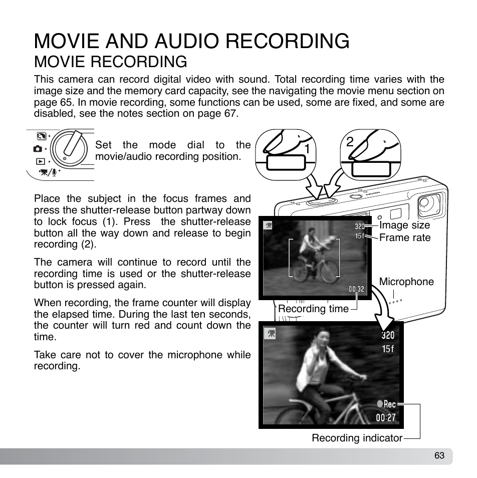 Movie and audio recording, Movie recording | Konica Minolta DiMAGE Xg User Manual | Page 63 / 132