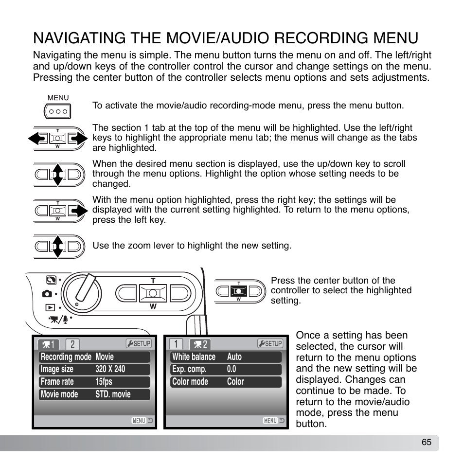 Navigating the movie/audio recording menu | Konica Minolta DiMAGE Xg User Manual | Page 65 / 132