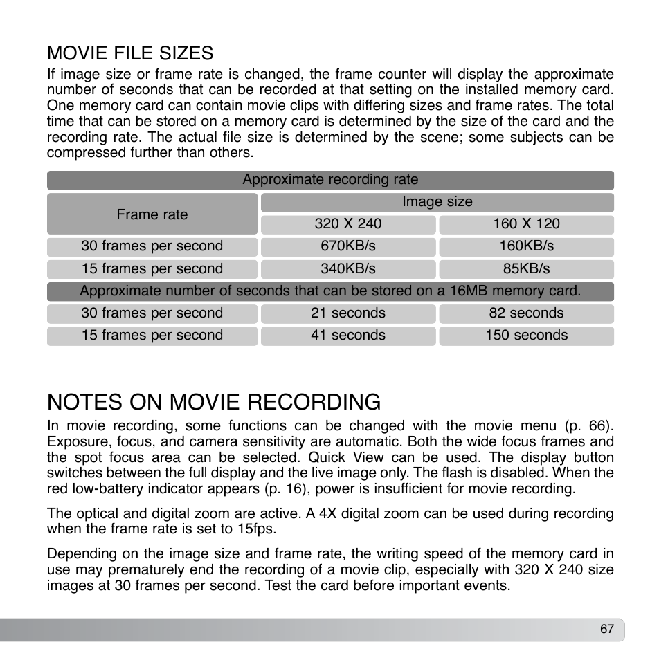 Movie file sizes | Konica Minolta DiMAGE Xg User Manual | Page 67 / 132