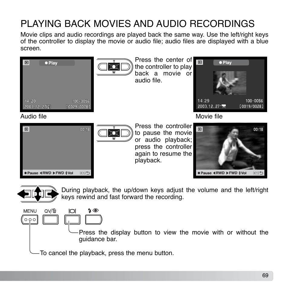 Playing back movies and audio recordings | Konica Minolta DiMAGE Xg User Manual | Page 69 / 132