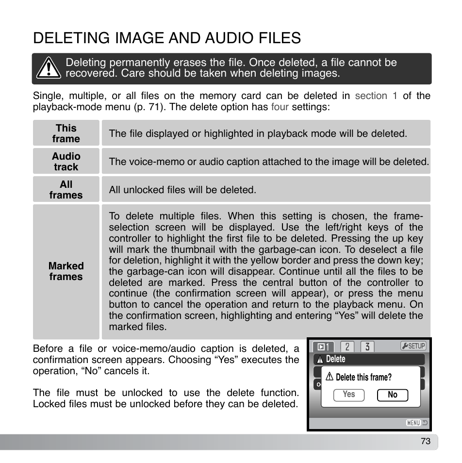 Deleting image and audio files | Konica Minolta DiMAGE Xg User Manual | Page 73 / 132