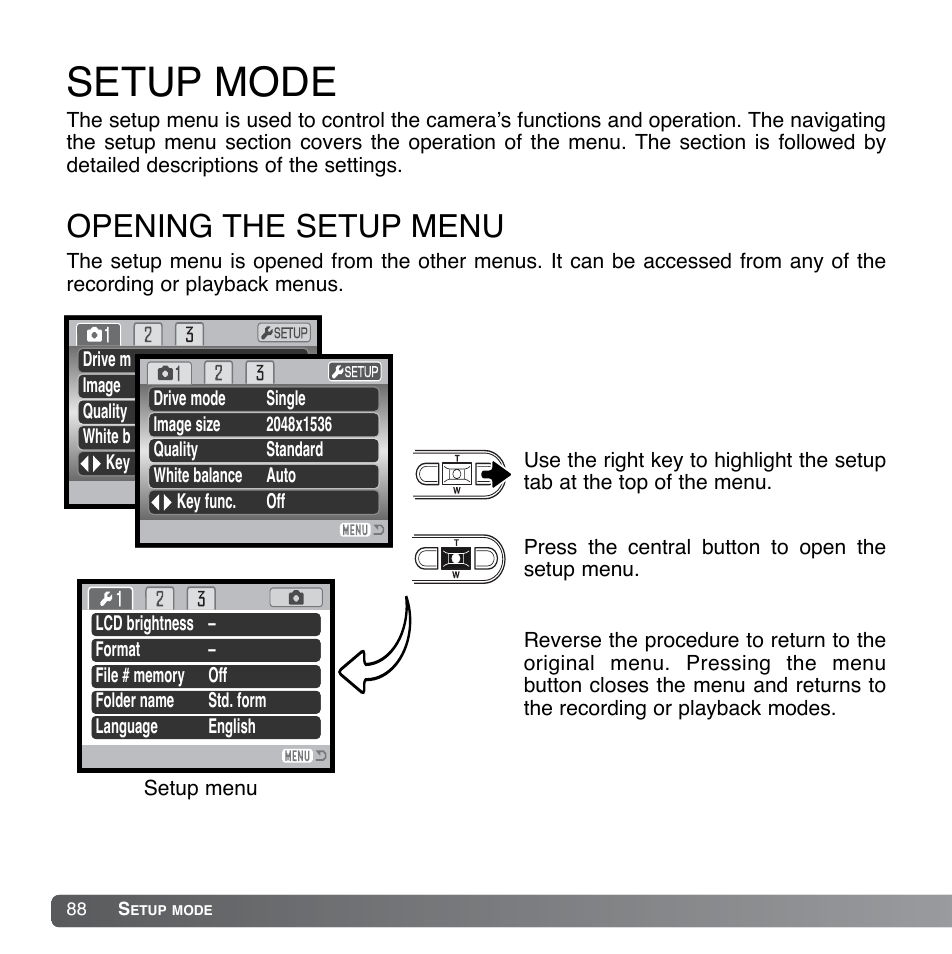 Setup mode, Opening the setup menu | Konica Minolta DiMAGE Xg User Manual | Page 88 / 132