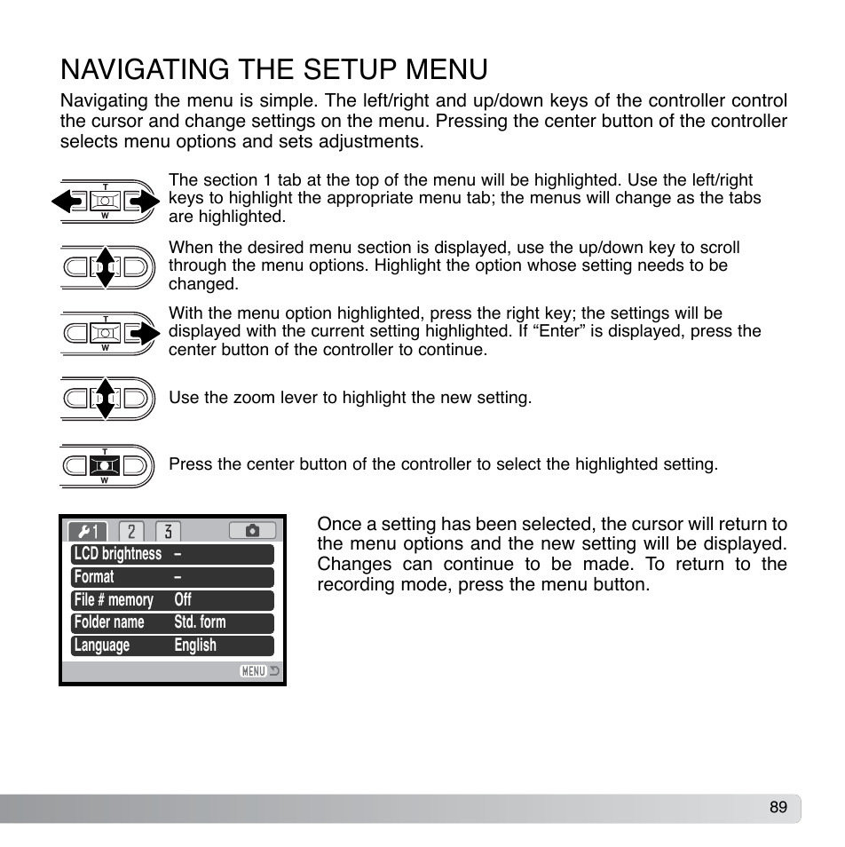 Navigating the setup menu | Konica Minolta DiMAGE Xg User Manual | Page 89 / 132