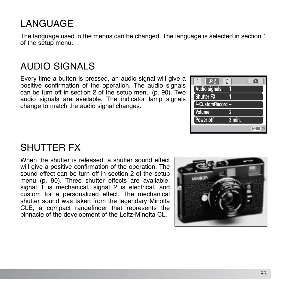 Language, Audio signals, Shutter fx | Konica Minolta DiMAGE Xg User Manual | Page 93 / 132
