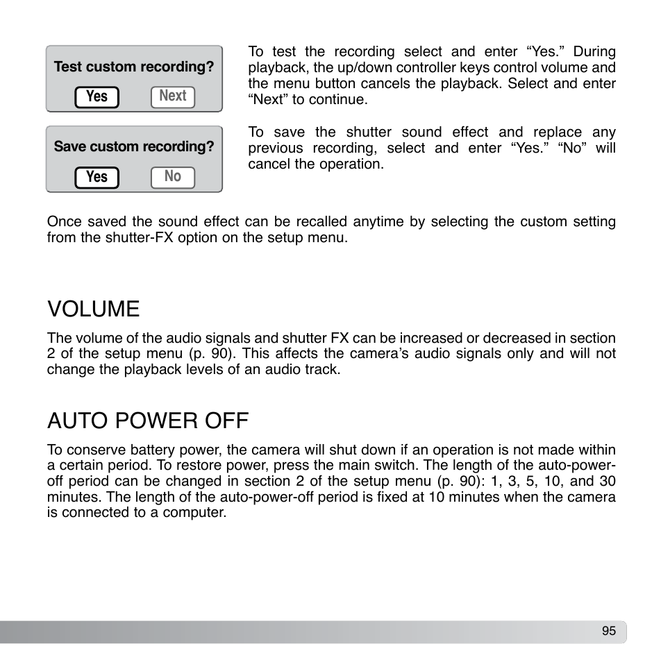 Volume, Auto power off | Konica Minolta DiMAGE Xg User Manual | Page 95 / 132